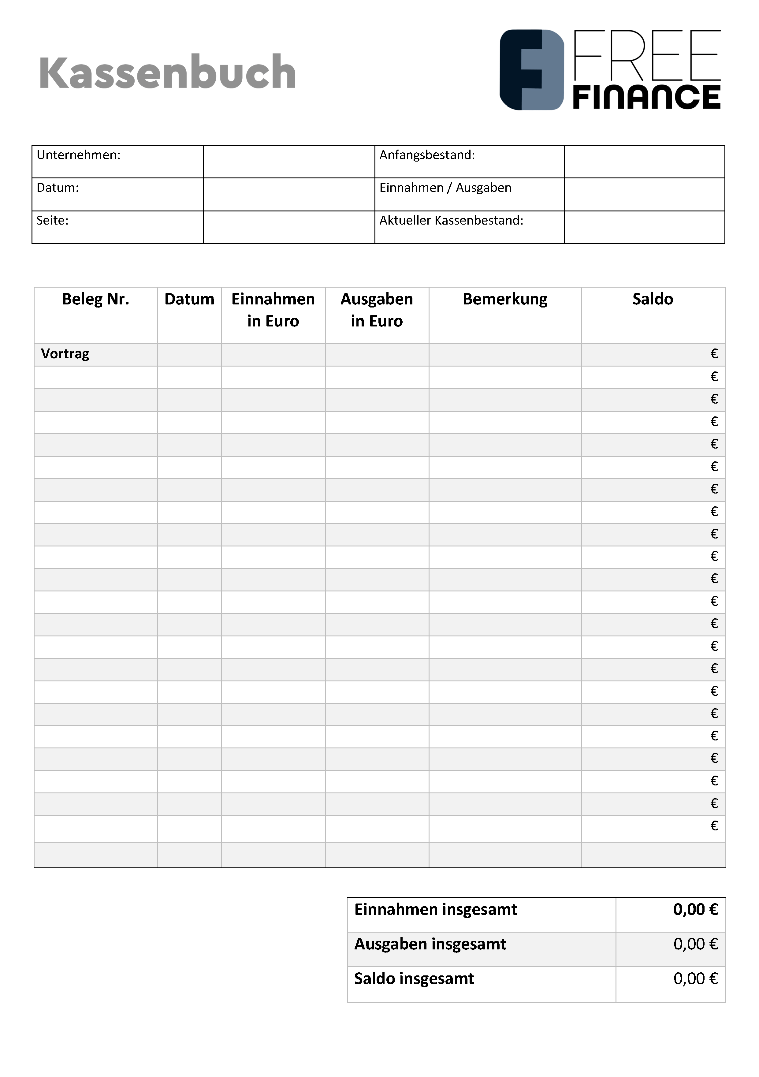 Kassenbuch-Vorlage Muster